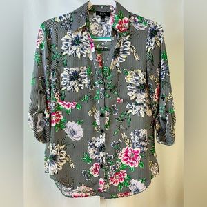BCC 3/4 Roll Tab Semi-Sheer, Lightweight Striped & Floral Button Up Blouse‎ Sz S